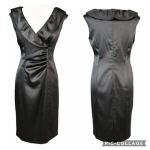 Jones New York Black Satin Wrap Ruffle Neck Dress Women’s Size 6